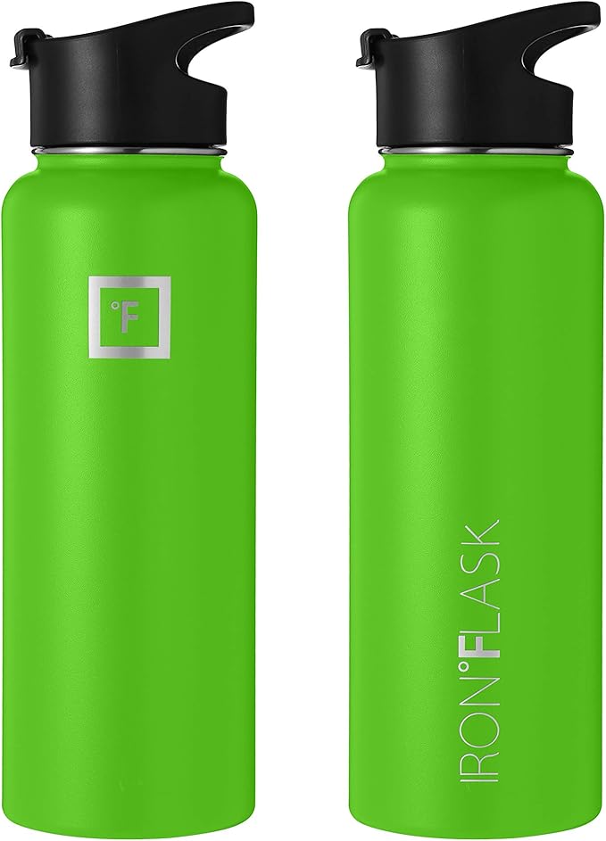 IRON °FLASK Camping & Hiking Hydration Flask, Wide Mouth, 3 Spout Lids, Stainless Steel Outdoor Water Bottle, Double Walled, Insulated Thermos, Metal Canteen - Kiwi Green, 40 Oz