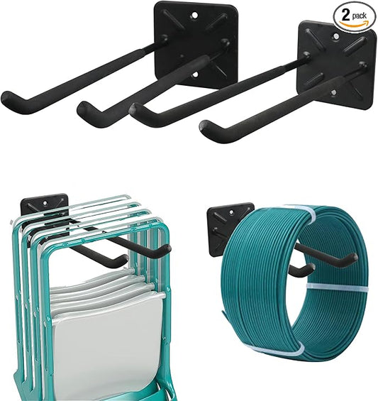 Folding Chair Rack, Heavy Duty Garage Wall Mount Organizer and Holder, Multi-Use Storage Hooks for Chairs, Ladders, Garden and Yard Tools, Durable Metal Utility Hangers (2 Pack)