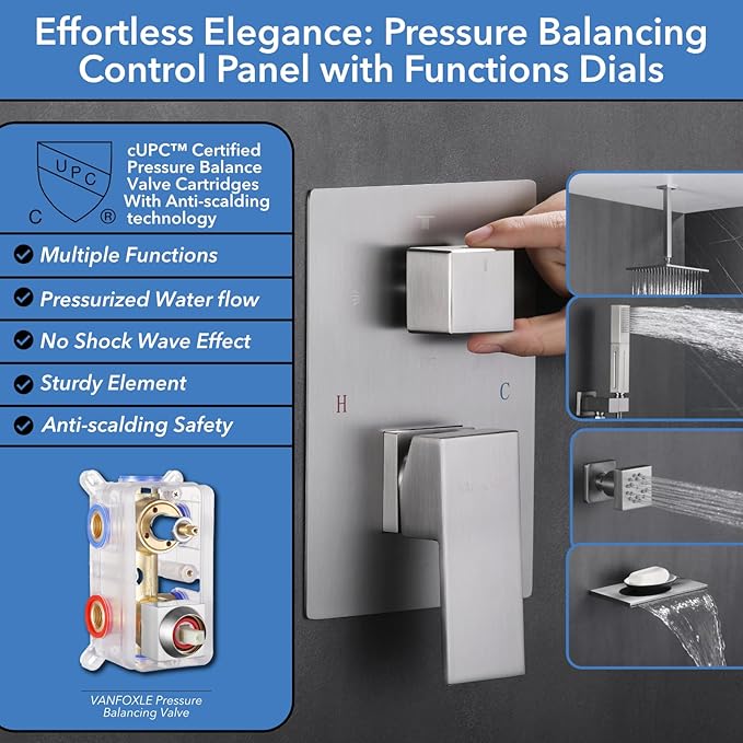 VANFOXLE Shower Faucet Set Brushed Nickel Shower System,Four Modes Shower Faucet with 2 in 1 Handheld,Ceiling Mount 10 Inch Shower Head with Waterfall Spout, 4 PCS Dual Modes Body Jets