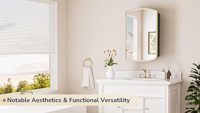 Keonjinn Medicine Cabinet 16 x 26 Inch, Surface Mount or Recessed Cabinets with Mirrors, Gold Metal Framed Wall Mirror with Storage, 2 Adjustable Shelves, Beveled Edge Frame