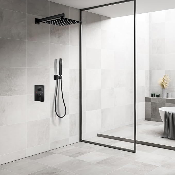 Rainfall Bathroom Shower System, 10-Inch Rain Shower Head and Handle Set, Wall Mounted Dual Shower Combo, All Metal Decorative Shower Luxury Kit Matte Black (with Shower Valve)