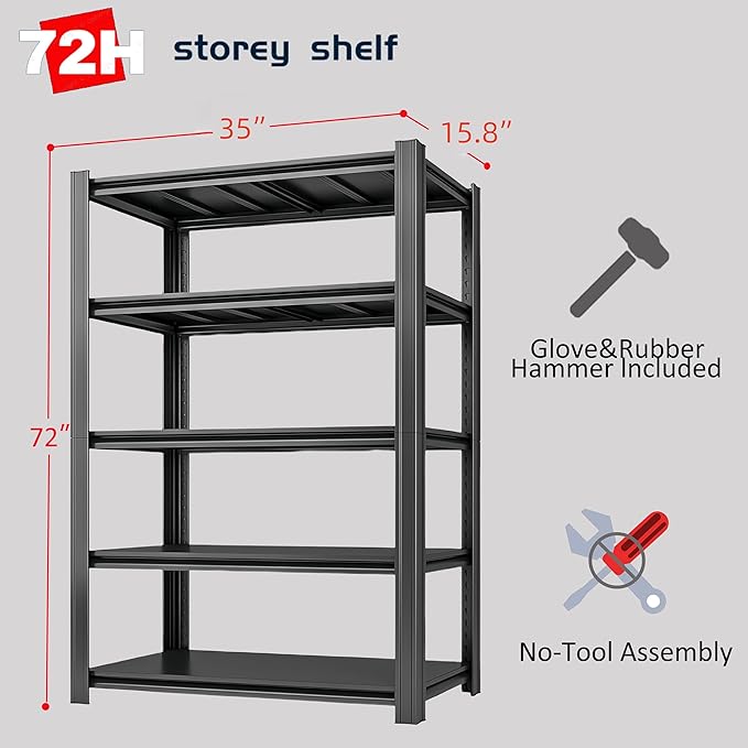 5-Tier 35" W x 15.8" D x 72" H Garage Shelving 3000LBS Storage Shelves Heavy Duty Metal Shelf Unit Adjustable Basement Industrial Storage Racks