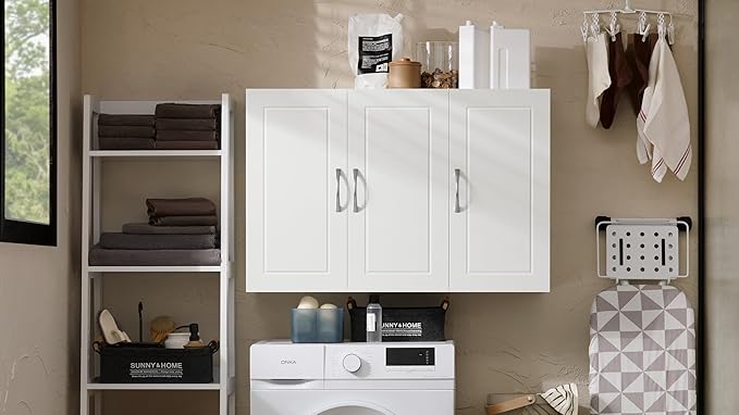 SoBuy Wall Cabinet Laundry Room, Medicine Cabinet for Kitchen Bathroom Garage, Wall Storage Cabinet with Adjustment Shelves, White FRG231-L-W