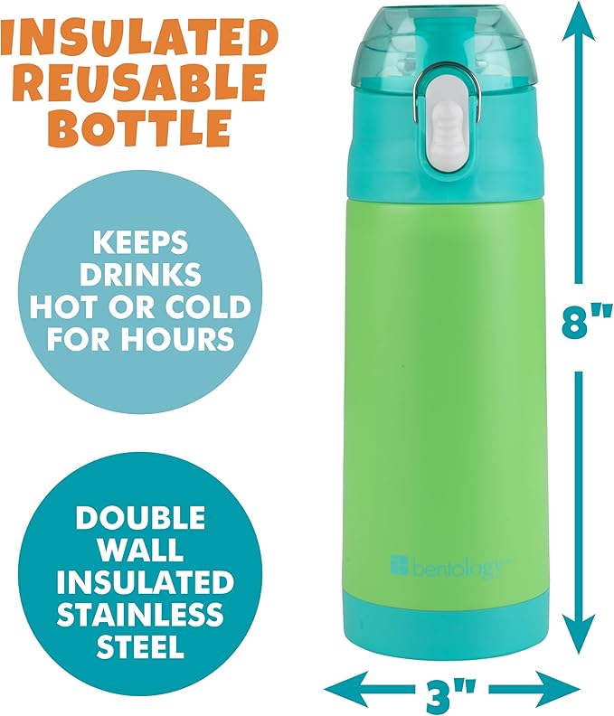 Bentology Stainless Steel 13oz Insulated Kids Water Bottle w Built In Straw- Easy to Open, Reusable BPA-Free, Fits in Most Lunch Boxes for Boys, Girls, School, Sports, Camp- Keep Drink Cold All Day