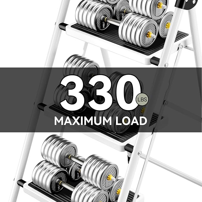 KINGRACK Step Ladder 3 Step Folding with with Anti-Slip and Wide Pedal,Portable Foldable,Tall Sturdy Step Ladder with Handgrip for Home Kitchen Household,White