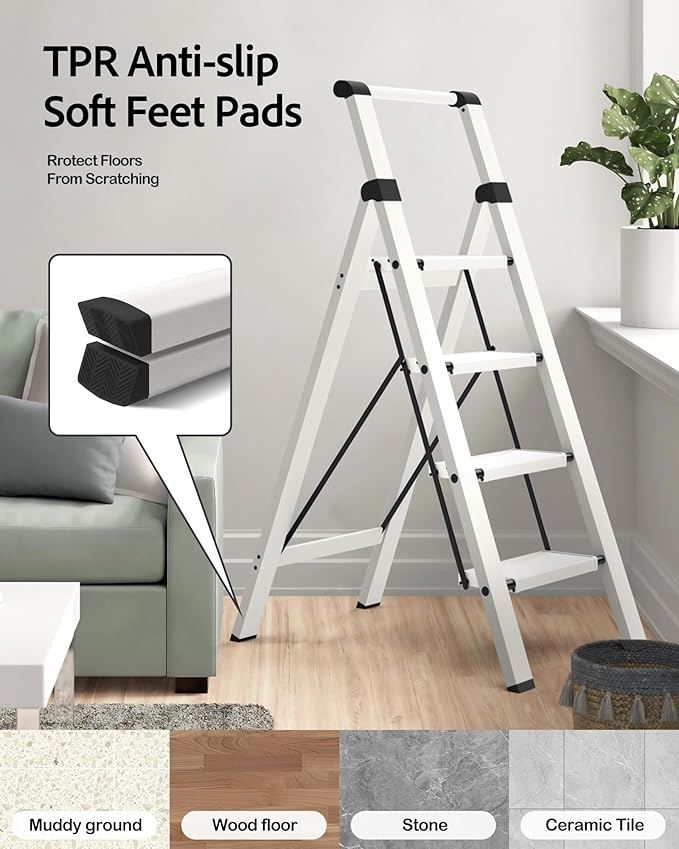 Taranta 4 Step Ladder, Lightweight Aluminum Step Stool with Convenient Handgrip, Folding Ladder with Anti-Slip Pedals, 330lbs Capacity Stepladder for Home, Office, Kitchen - White