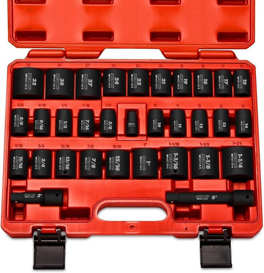 Neiko 02447A 1/2" Drive Master Impact Socket Set, 32 Piece Shallow Socket Assortment | Standard SAE (3/8-Inch to 1-1/4-Inch) and Metric (10-32 mm) Sizes | Cr-V Steel