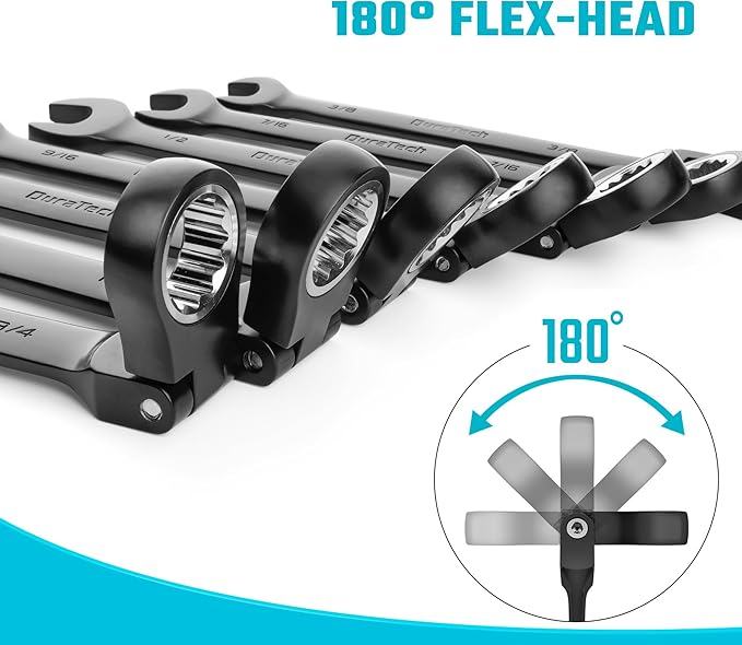 DURATECH 9-Piece Flex-Head Ratcheting Wrench Set, Combination Wrench Set, 72 Tooth, SAE, 5/16'' to 3/4'', Black Electrophoretic Coating, CR-V Steel, with Rolling Pouch