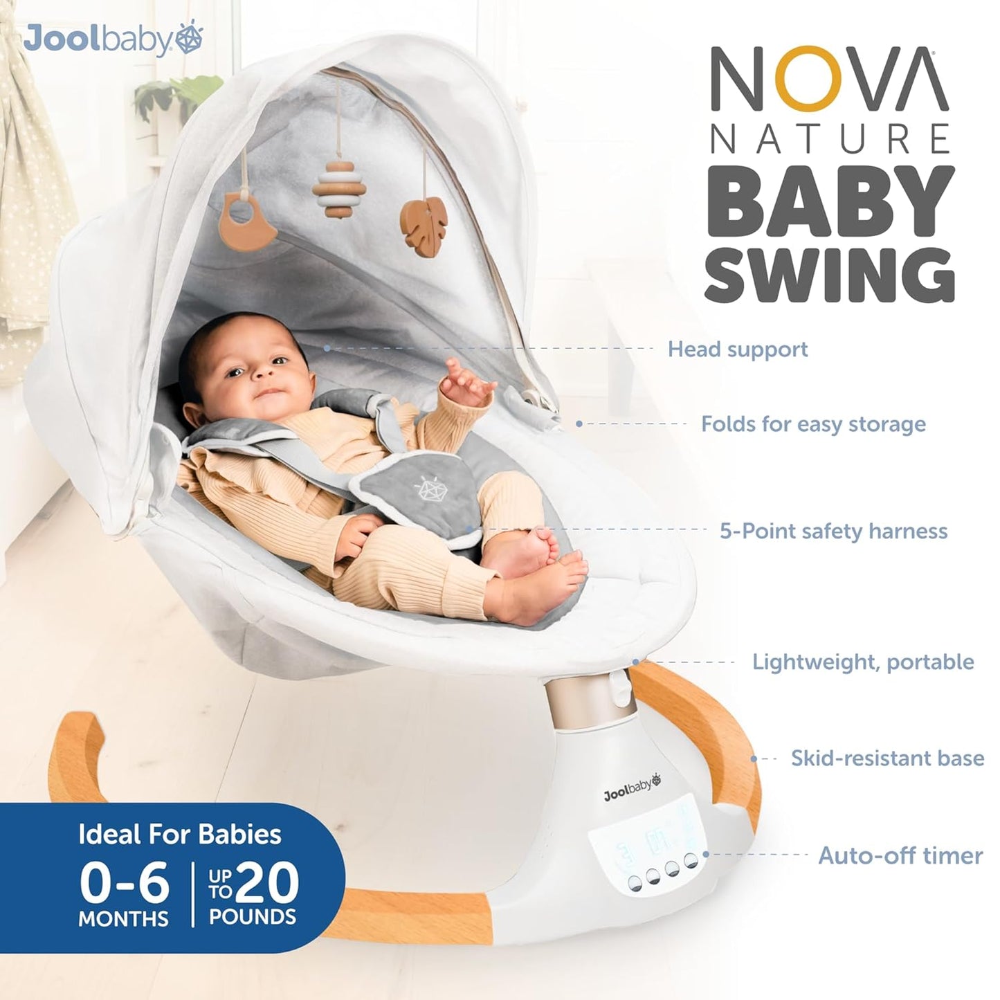Jool Baby Nova Nature Baby Swing for Newborns – Natural Wood Toys, Electric Motorized Infant Swing, Bluetooth Music