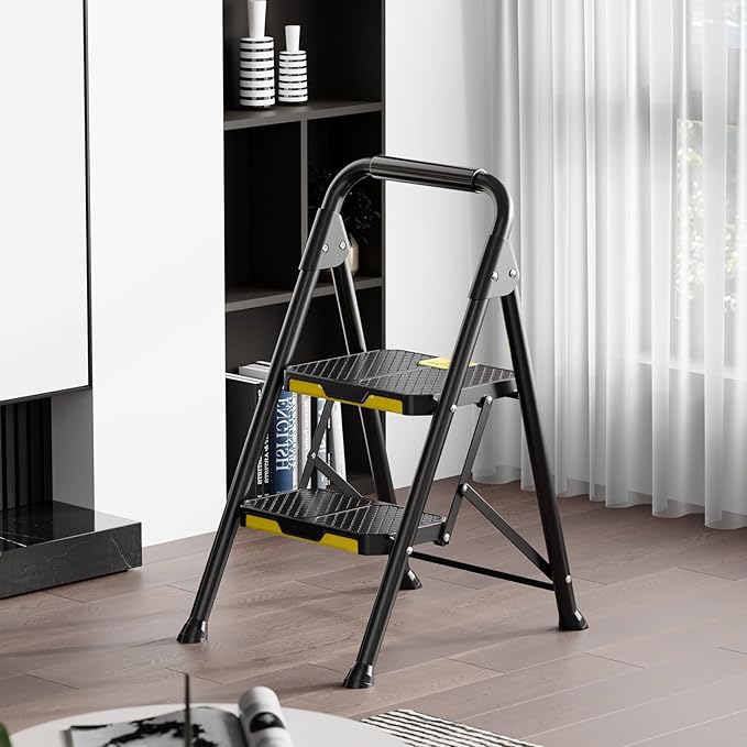 KINGRACK 2 Step Ladder, Sturdy Steel Step Stool with Safe-Lock Design, Handrail, Anti-Slip Wide Pedals, Pass 800lbs Load Testing, Folding Portable Ladder for Multi-Purpose, Home, Kitchen, Black