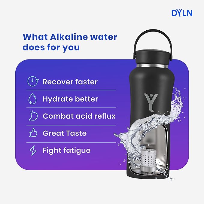 DYLN Alkaline Water Bottle | Portable Hydrogen Water Bottle Creates Hydrogen-Rich Water up to 9.5 pH | Vacuum Insulated Stainless Steel Keeps Water Cold for 24 Hours