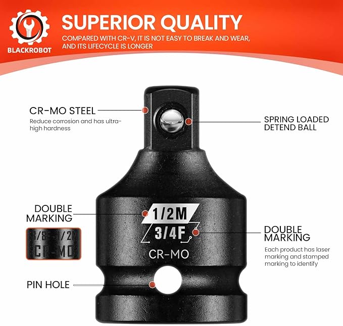 BLACKROBOT 3/4”F To 1/2”M Impact Socket Adapter, Cr-Mo Steel Exceeds ANSI Standards, Square Drive Reducer for Impact Driver Wrench