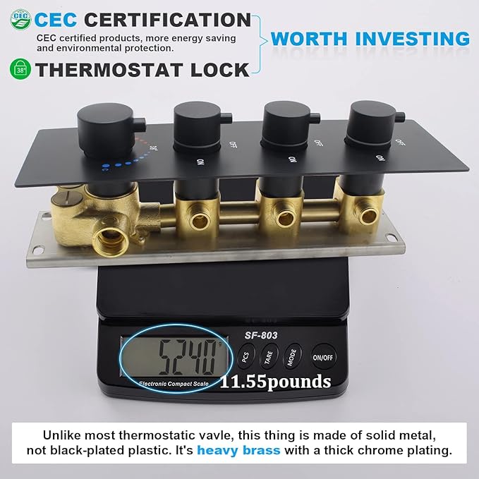 Enga Thermostatic Shower System 16 inch Rain Shower Head with 6 Body Spray Jets, Can Use All Functions At a Time (Volume Adjustable), Matte Black