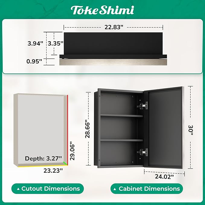 TokeShimi 24x30 Bathroom Mirrored Medicine Cabinet, Recessed Medicine Cabinet with Mirror, Aluminum Framed Brushed Nickel Mirror with Storage Adjustable and Quiet Hinge