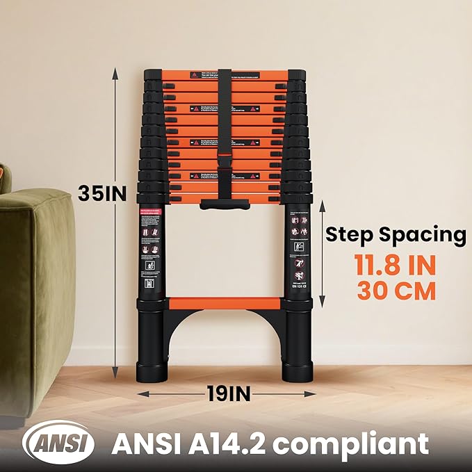 12.5 FT Telescoping Ladder, ANSI Certified, Type I Heavy Duty, 330lbs Max Capacity, Aluminum Extension Ladder for Home, Roof, RV; Orange