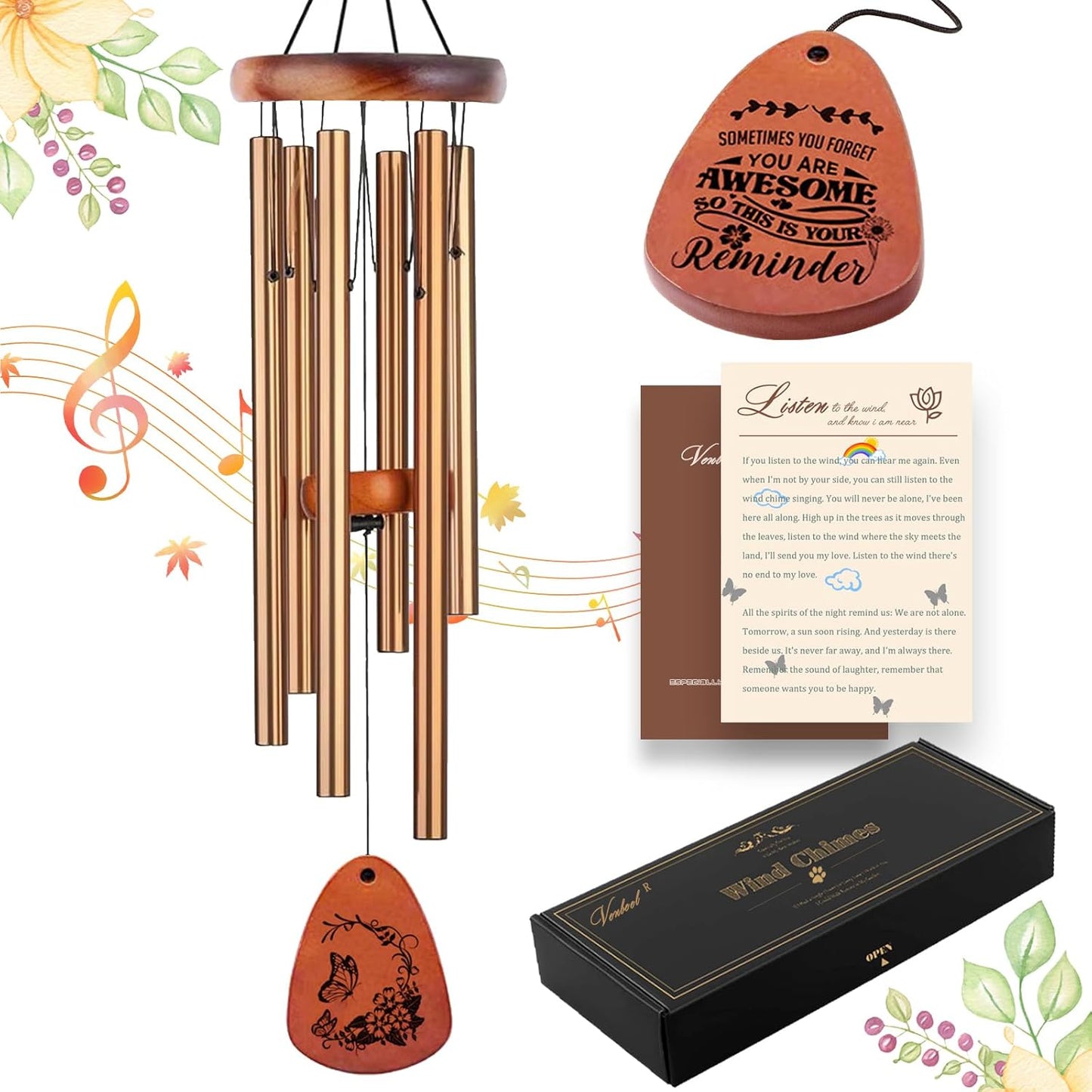 Wind Chimes for Outside, 32" Butterfly Windchime for Outdoor, Butterfly Gifts for Mom Sister, Garden Patio Gift Ideas for Women Friend Co-Worker (Golden)