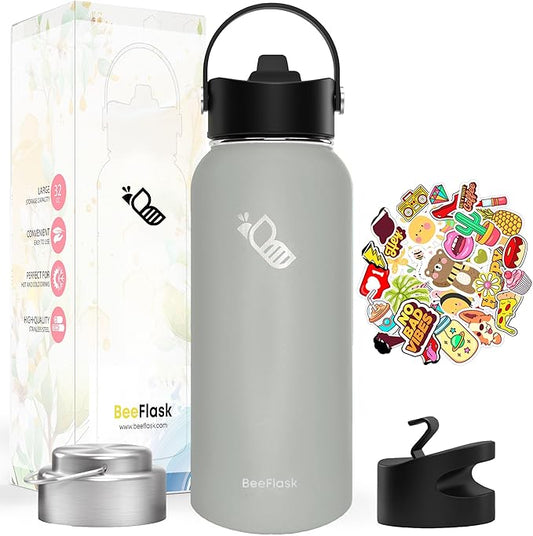 Sports Water Bottle - 32 Oz, 3 Lids (With straw), 50 Cute Stickers, Vacuum Insulated, 308 Stainless Steel, with a Portion of Sales Supporting Bee Conservation Efforts (Cool Gray)