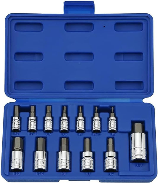 NEIKO 10074A Metric Hex Bit Socket Set | 13-Piece Set | S2 and Cr-V Steel | 1/4-Inch, 3/8-Inch and 1/2-Inch Drive | 2mm to 14mm