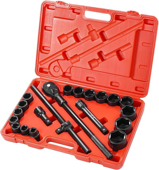 VEVOR 3/4 in Drive Impact Socket Set, 21 Pieces SAE 3/4 in to 2 in, 6 Point Cr-V Alloy Steel for Auto Repair, Easy-to-Read Size Markings, Includes Extension Bars, Ratchet Handle and Storage Case