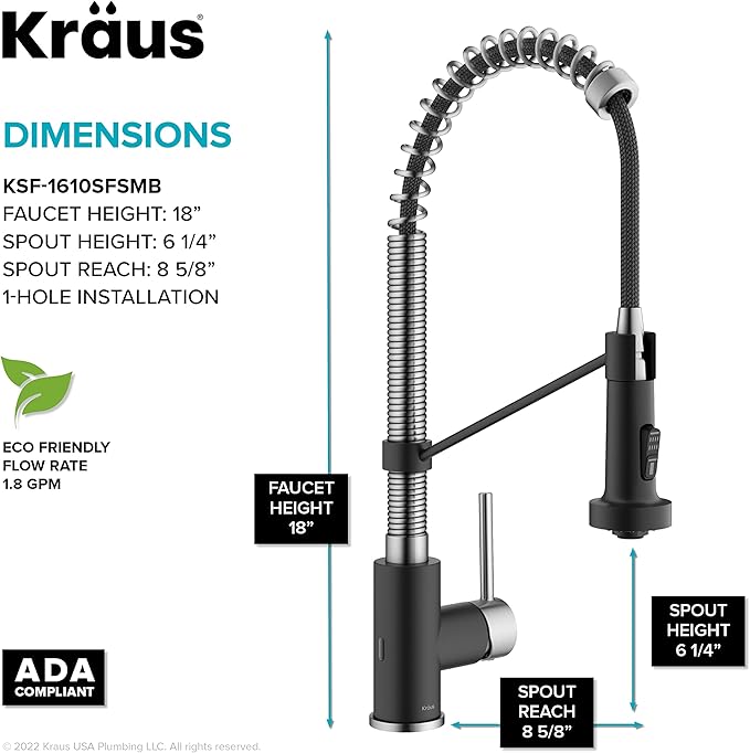 KRAUS Bolden Touchless Sensor Commercial Style 2-Function Single Handle Pull-Down Kitchen Faucet in Spot-Free Stainless Steel / Matte Black, KSF-1610SFSMB