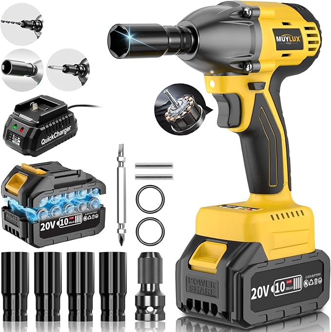 4.0Ah Battery Cordless Impact Wrench, Brushless 1/2 Impact Gun, 320Ft-lbs(430N.m) 20V High Torque Power Impact Driver, Electric Impact for Car Home