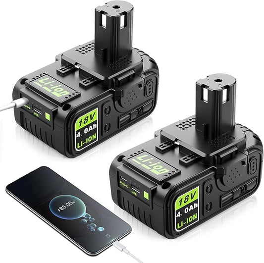Abeden 2 Packs 18V 4Ah Replacement Ryobi Batteries with USB for Ryobi 18 Volt ONE+ P108 P102 P103 P104 P105 P107 P109, Compatible Lithium-Ion Battery for Cordless Tools