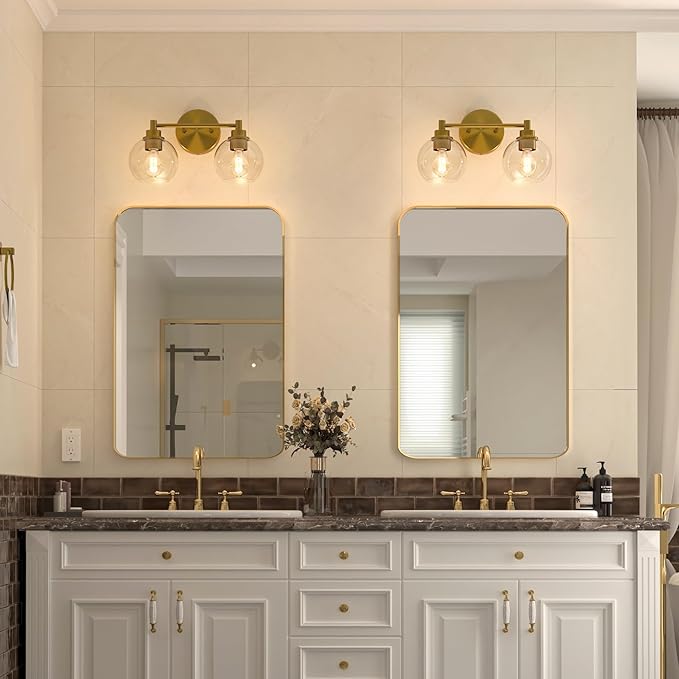 VONLUCE Bathroom Light Fixtures, 2-Light Vanity Light with Globe Glass Shades E26 Sockets, Bathroom Lights Over Mirror for Bedroom Hallway Living Room, Gold Finish