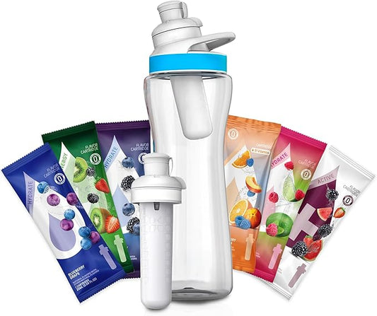 Ciirkul 22oz Plastic Water Bottle Starter Kit With Blue Lid & 6 Flavor Cartridges Refreshing Hydration with Exciting Flavors.