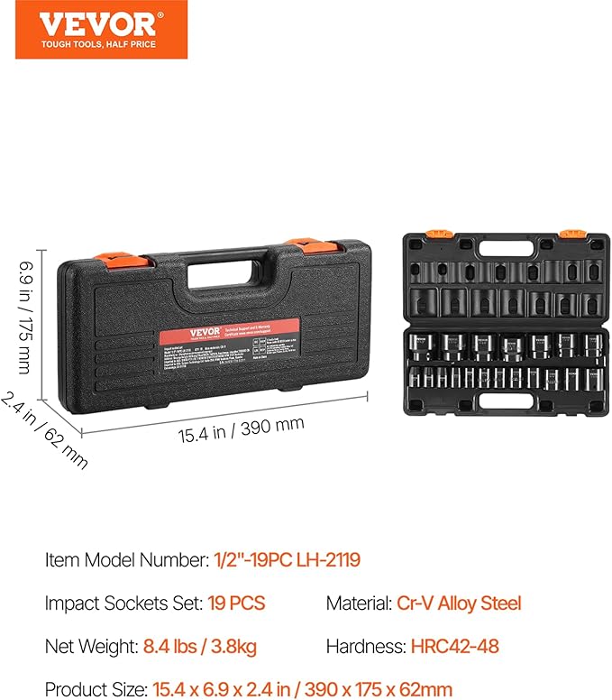 VEVOR Impact Socket Set 1/2 Inches 19 Piece Impact Sockets, 1/2 Inches Drive Socket Set Impact 6-point Hex Sockets Standard SAE (3/8 Inches to 1-1/2 Inches) Standard Socket Assortment