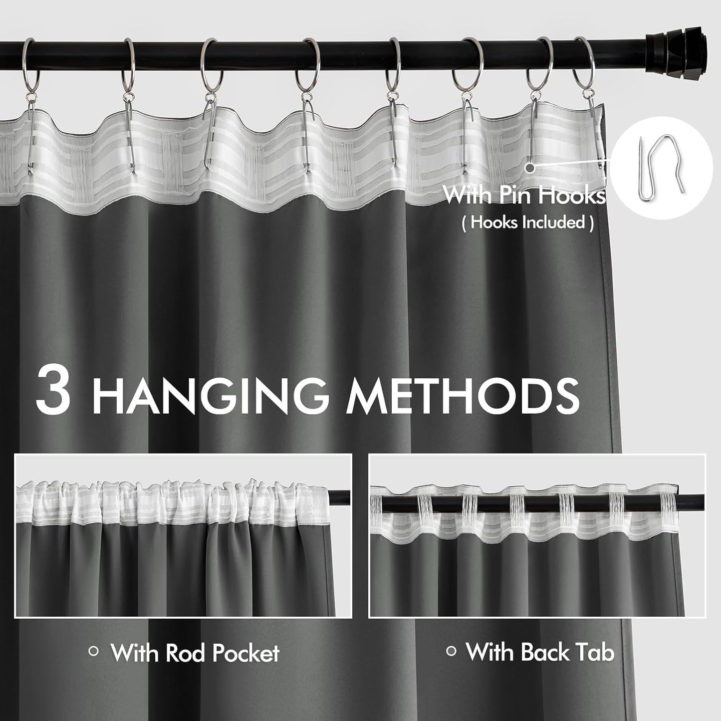 MIULEE Back Tab Grey Blackout Curtains 108 Inch Long 2 Panels Set for Living Room Bedroom Privacy, Rod Pocket/Pinch Pleated Extra Long Thermal Insulated Room Darkening Light Blocking Curtains/Drapes