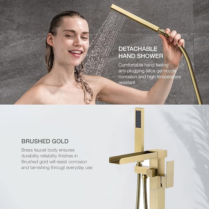 TapLong Freestanding Tub Faucet，Waterfall Tub Filler Freestanding Bathtub Faucet Brushed Gold Single Handle Stand Alone Brass Bathtub Faucet with Hand Held Shower, 51001ZBGG
