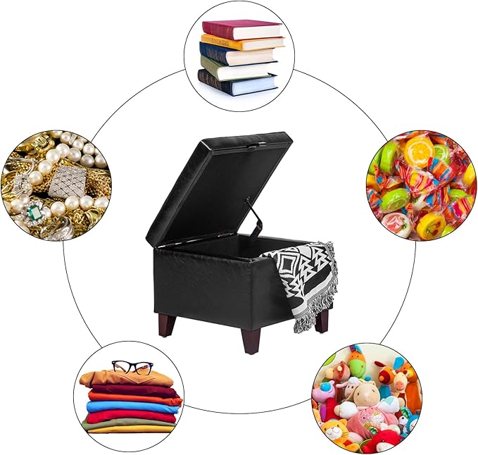 Adeco Storage Ottoman Foot Rest Stool, Leather Ottoman Footstool with Solid Wood Legs and Hinged Lid, 17.7" Small Foot Stool for Living Room, Bedroom