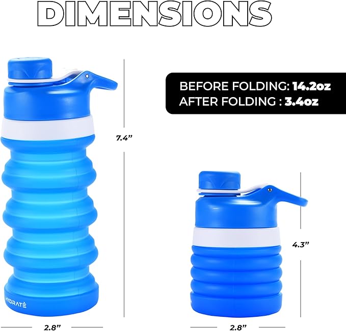 Hydrate Collapsible Water Bottle, 14.2oz - Expandable from 4.3" to 7.4" - Portable Silicone Leakproof Folding Cup - Flexible Liquid Container - Reusable Blue Drink Storage for Travel - Secure Drinking