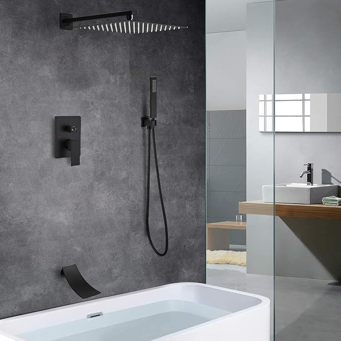 10 Inch Matte Black Shower System with Tub Spout, Bathtub Shower Faucet Set with Square Rainfall Head and Handheld Sprayer Wall Mount Tub Faucet Set with Valve and Trim Kit