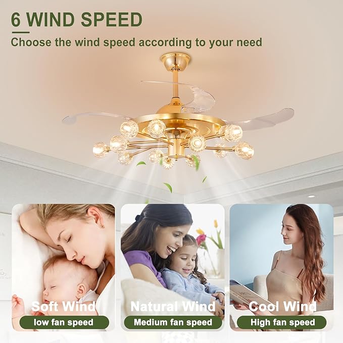 Sputnik Crystal Ceiling Fan Chandelier: 42" Gold Fandelier Ceiling Fans with 15 Lights and Remote Modern - Retractable Fandelier Ceiling Light for Living Dining Room Kitchen Bedroom