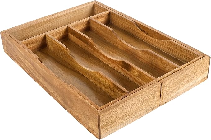 Expandable Acacia Kitchen Drawer Organizer for Cutlery and Utensils, Adjustable Acacia Wood Cutlery Tray in Drawer for Flatware and Silverware in Kitchen