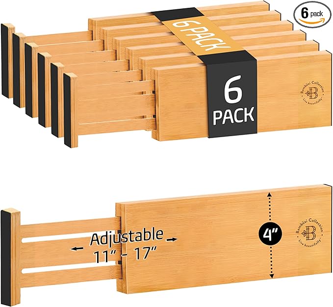 6 Pack Drawer Dividers 4 Inch High, 11”-17" Adjustable Bamboo Organizers Large Expandable Drawer Separators for Cloths, Dresser, Bedroom, Bathroom, Baby Drawer, Office & Kitchen Utensils (Natural)