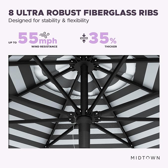 Midtown Umbrellas Push and Pop 9 Feet Outdoor Umbrella, Black/White Stripes Polyester Fabric - Fiberglass Ribs Deck Patio Umbrella, Backyard Umbrella, Garden Umbrella & Pool Umbrella - Black Pole