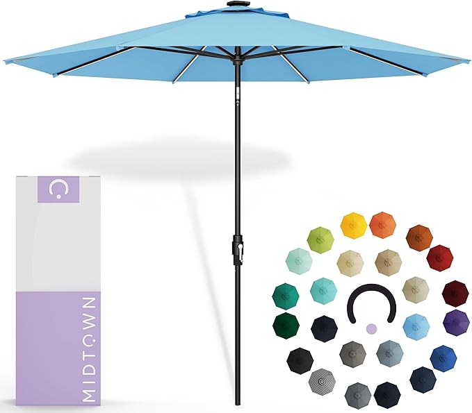Midtown Umbrellas Led Swilt Sunbrella Umbrella, 8 Foot Patio Umbrella In Sunbrella Capri Acrylic Fabric - Deck Patio Umbrella, Backyard Umbrella, Garden Umbrella & Pool Umbrella - Black Pole