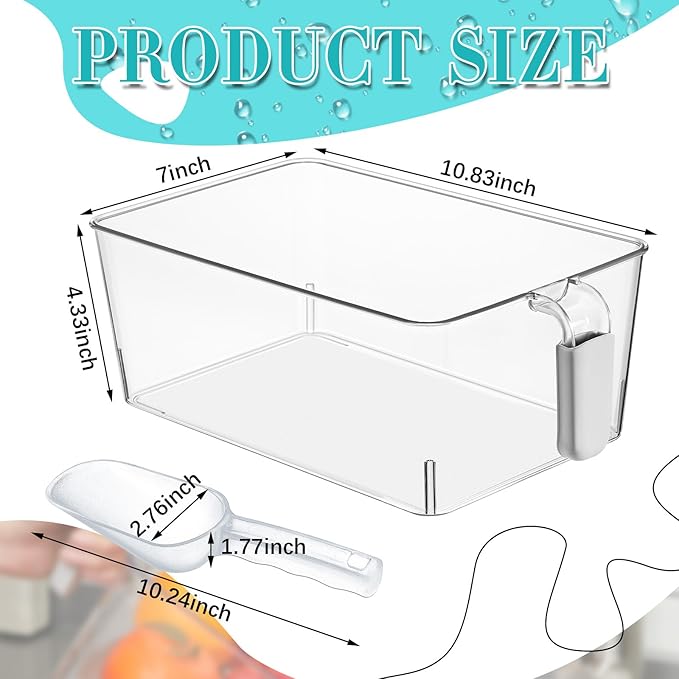 Havawish 2 Set Ice Bin and Flexible Scoop Set Plastic Freezer Ice Bin with Pull out Handle Clear Ice Storage Ice Bucket for Freezer Ice Container with Ice Bucket Scoop Kitchen (10.83 x 7 x 4.33 in)