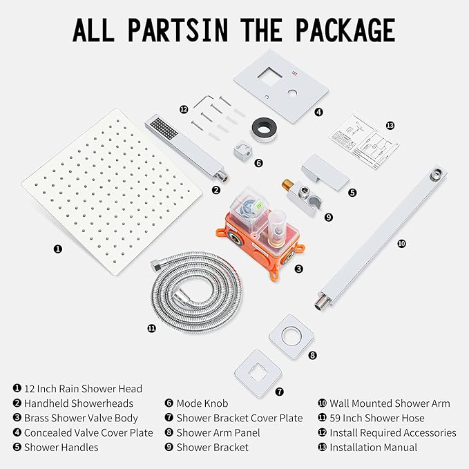 Bathroom Shower Faucet Set，12 Inch Rain Shower Head with Handheld Spray，Brass Shower Valve Trim Kit，Wall Mounted Square Rain Shower System (Chrome)