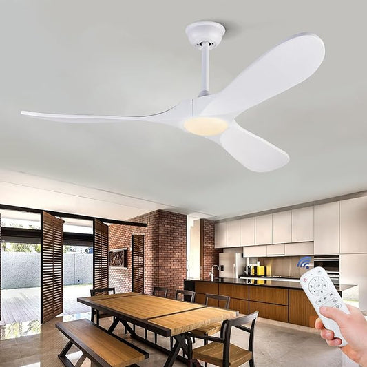 BOJUE Ceiling Fan with Lights 52 Inch Indoor Outdoor Ceiling Fan 3 Wooden Blades Remote Control with Light Modern Ceiling Fan for Terrace Living Room Bedroom (White Blades)