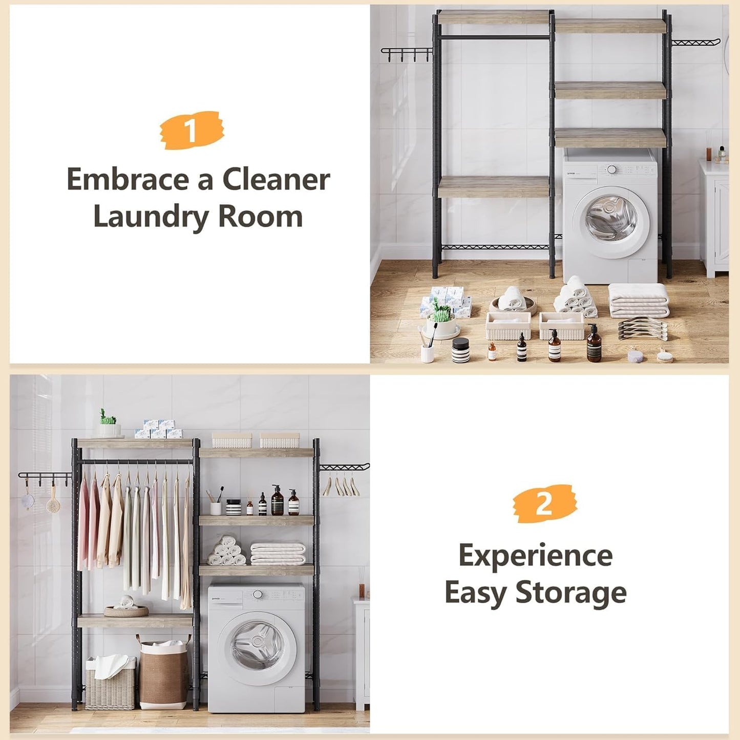 CABIHOME 5-Tier Over-The-Washer Shelf - Adjustable Height Laundry Organizer Space Saver, Double-Layer 100lb Shelves, 2 Hooks for Bathroom/Balcony (Grey & Black)