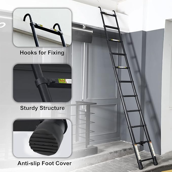 Telescopic Ladder, 16.5FT RIKADE Aluminum Telescoping Ladder with Stable Hook and Non-Slip Feet, Portable Extension Ladder for Household and Outdoor 330lb Capacity