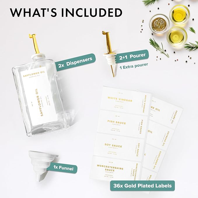 Glass Olive Oil Dispenser Bottle Set [2x12oz]: 36 Premium Gold Labels, Oil Dispenser for kitchen, Vinegar Bottle Set, Glass Dispensers for Soy Sauce, Syrup Bottles | Set of 2