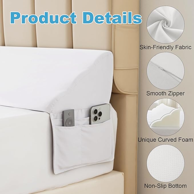 Queen Bed Wedge Pillow for Headboard, Foam Pillow Wedge for Headboard Gap, Mattress Bed Gap Filler Queen Triangle Pillow Wedge, Anti-slip Bed Crack Pillow Space Filler Queen (60"×10"×6") White