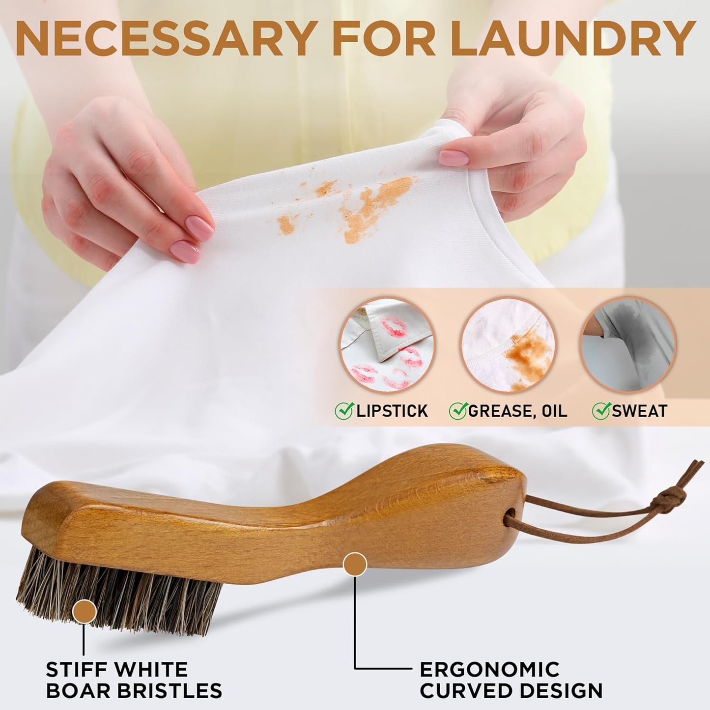 TAKAVU Stain Brush, Laundry Brush for Stain Removal, Natural Horse Hair Cleaning Brush with Ergonomic Handle, Suitable for Delicate Fabrics Without Damage, Perfect Laundry, Shoes, Boots, Home