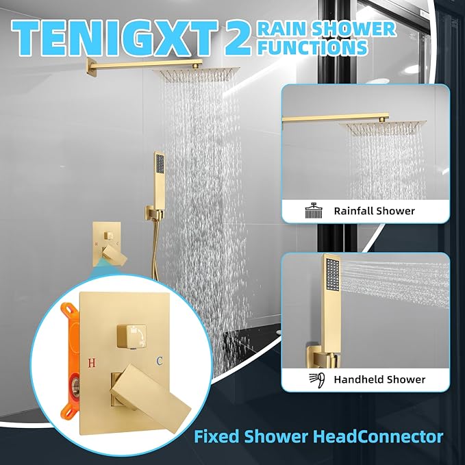 Bathroom Shower Faucet Set，10 Inch Rain Shower Head with Handheld Spray，Brass Shower Valve Trim Kit，Wall Mounted Square Rain Shower System (Brushed Gold)