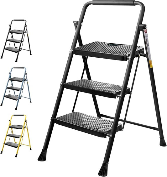 TICONN 3 Step Ladder, Heavy Duty Foldable Step Stool, Portable Steel Folding Stool for Household Garage Storage (Black)