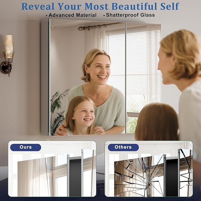 Bathroom Medicine Cabinet with Mirror, 36 Inch x 26 Inch Bathroom Mirror Cabinet with Double Door & Adjustable Shelves, Surface Mount or Recess Installation